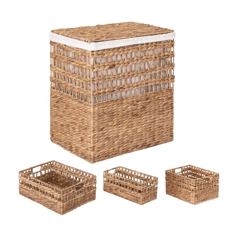 4-Piece Natural Water Hyacinth Handwoven Laundry Hamper And Basket Set 1