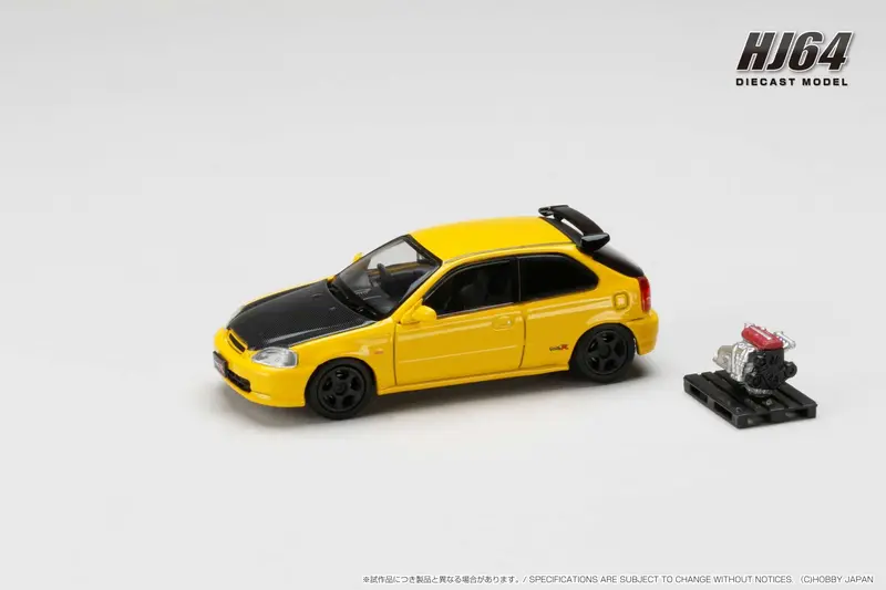 Hobby Japan 1:64 Honda Civic Type-R (Ek9) Early Version Custom In Sunlight Yellow With Engine Display 1