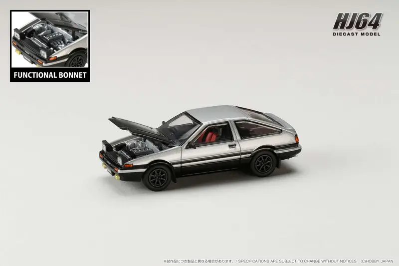 Hobby Japan 1:64 Toyota Sprinter Trueno Gt Apex (Ae86) In Silver / Black With Carbon Bonnet 1