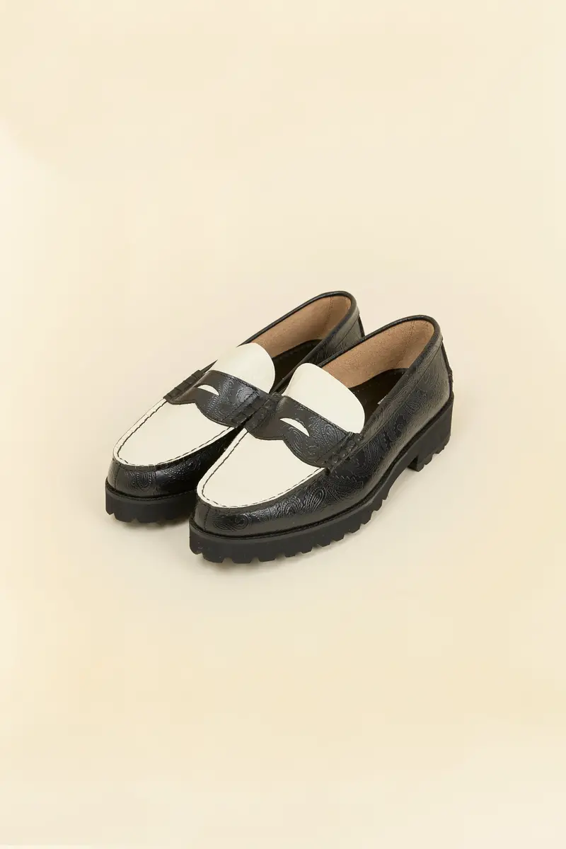 Kenford Shoes Tank Sole Loafer - Black/White Paisley 1