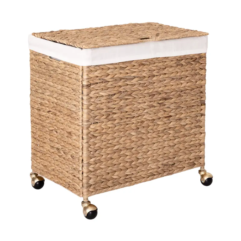 Natural Water Hyacinth Handwoven Lidded Double Laundry Hamper With Gold Sphere Casters 1